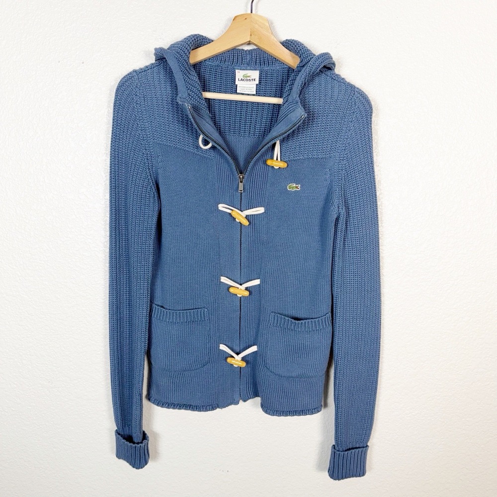 Lacoste Toggle Full Zip Knit Cardigan Sweater Womens Size 34 / US 2 Blue Preppy - Picture 1 of 10